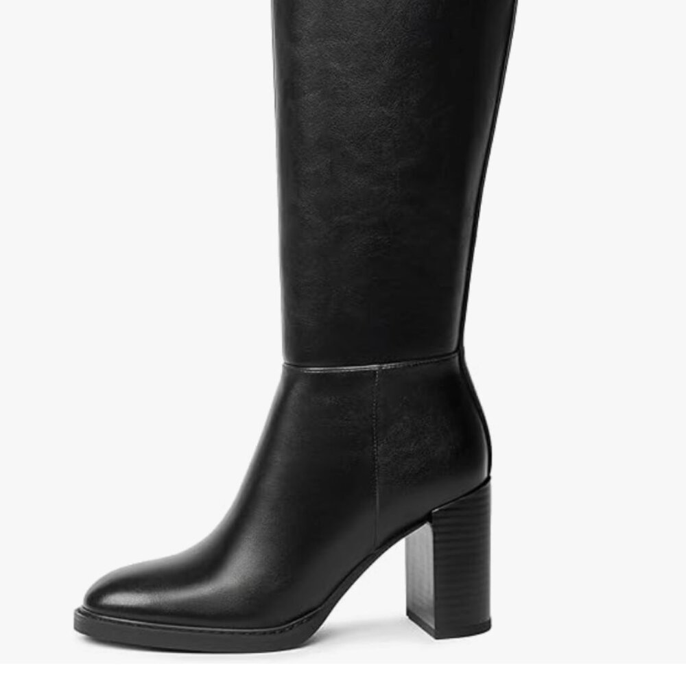 Black Square-Toe Chunk Heel Knee High Boots - Picture 3 of 11